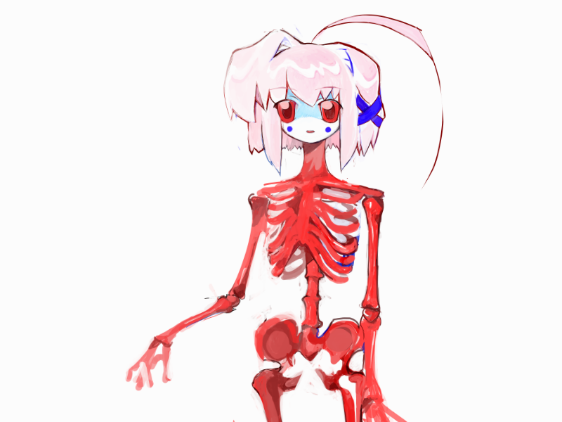 ahoge bangs bob_cut bone cheek_spots female hair not_furry pink_hair red_body red_bone red_eyes rib_cage skeleton solo yogurt200 heartlovepowertemple rabbitmaiden_softworks teja alien animated_skeleton humanoid undead venus_rabbit 4:3