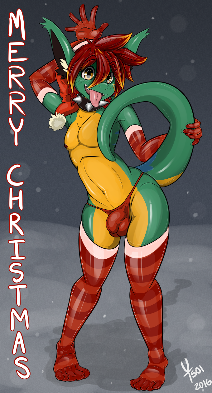 anthro armwear blonde_highlights bulge christmas_clothing christmas_headwear clothed clothing collar ear_tuft elbow_gloves femboy front_view gloves green_body green_skin hair handwear hat headgear headwear highlights_(coloring) holding_tail holiday_message holidays inner_ear_fluff legwear looking_at_viewer male navel nipples orange_eyes outside pattern_armwear pattern_clothing pattern_legwear plantigrade pose raised_arm raised_tail red_hair santa_hat skimpy smile snow solo spiked_collar spikes standing stockings striped_armwear striped_clothing striped_legwear stripes tail teasing text thong tongue tongue_out topless tuft underwear wide_hips yellow_body yellow_skin yifftrooper501 christmas trooper_(yifftrooper501) hybrid reptile scalie 2016 english_text full-length_portrait hi_res portrait