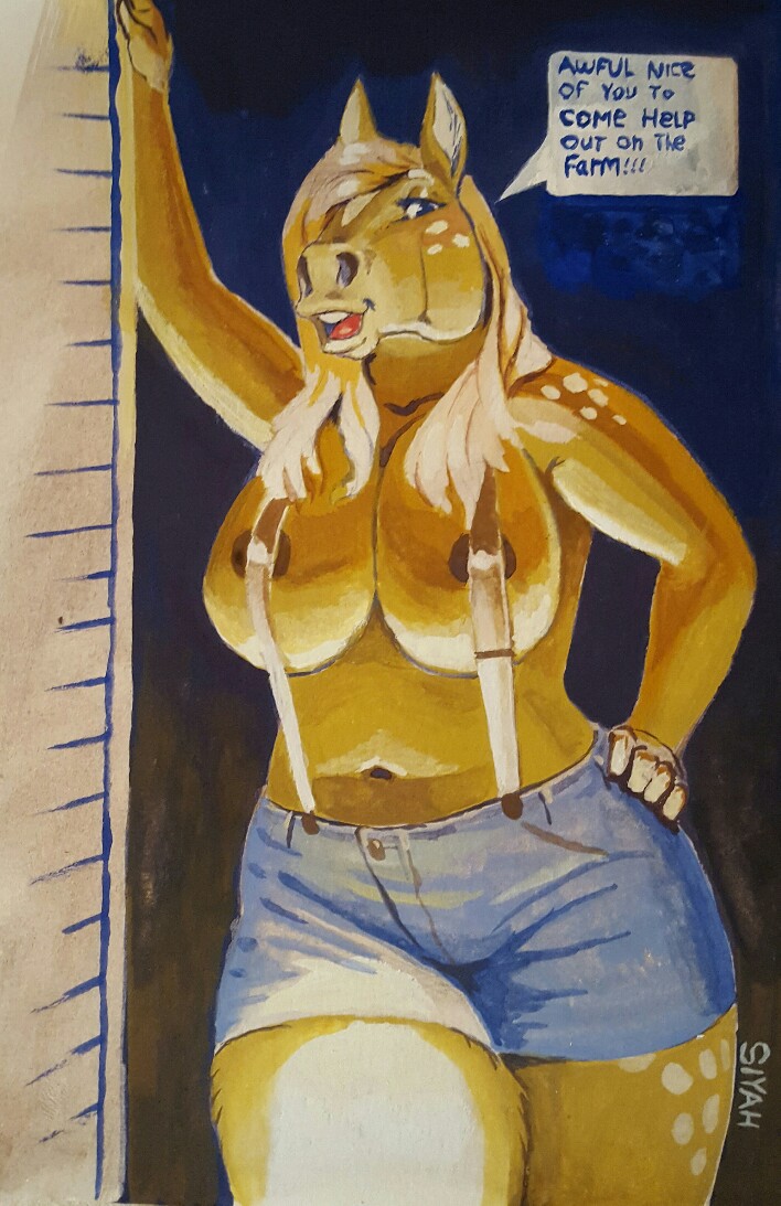 anthro areola areola_slip big_breasts blonde_hair breasts clothed clothing curvy_figure dialogue female hair ineffective_clothing navel nipples open_mouth solo standing suspenders suspenders_on_nipples text thick_thighs topless voluptuous siyah equid equine horse mammal english_text