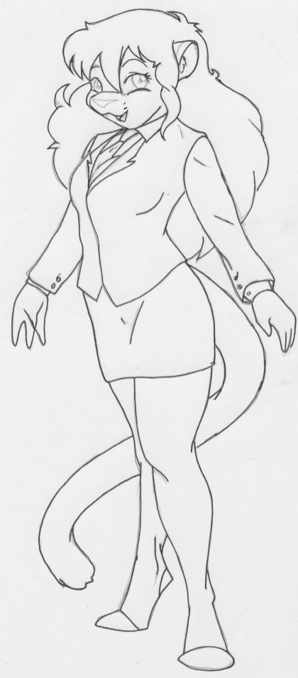 anthro bottomwear breasts businesswear clothed clothing female hair legwear necktie office_clothing open_mouth skirt solo stockings danellz kathy_(danellz) felid lion mammal pantherine 2009 monochrome sketch traditional_media_(artwork)