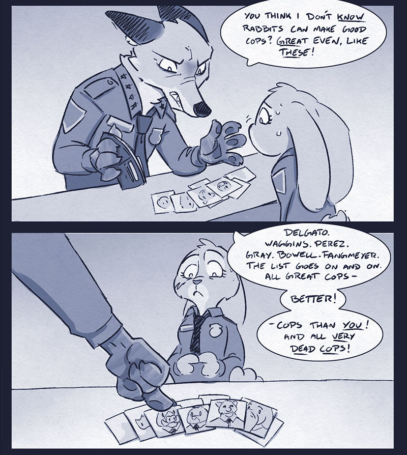 angry anthro clothed clothing dialogue duo female male simple_background text uniform rockbottomfeeder disney zootopia bowell delgato fan_character gray_(mistermead) july_hopps_(mistermead) nick_wilde officer_fangmeyer perez waggins canid canine fox lagomorph leporid mammal rabbit red_fox true_fox 2016 comic english_text