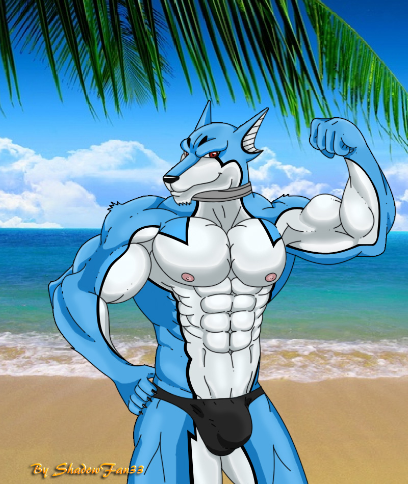 abs anthro athletic beach biceps big_muscles biped black_body black_fur black_nose blue_body blue_fur bulge claws clothed clothing cloud collar detailed_background flexing fur grin looking_at_viewer male markings muscular muscular_anthro muscular_male nipples outside pecs plant pose red_eyes sand sea seaside sky smile solo speedo standing swimwear topless tree water white_body white_fur shadow-fan power_rangers doggie_kruger canid canine canis domestic_dog mammal 2010