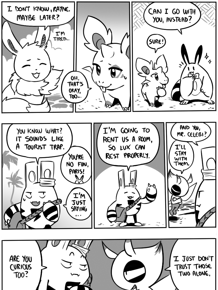 7_panel_comic ambiguous_gender antennae_(anatomy) anthro biped black_eyes black_nose black_text bodily_fluids bow_ribbon claws closed_smile cloud day dialogue ellipsis exclamation_point eyebrows eyes_closed feral finger_claws floating fluffy fluffy_tail fur group horn looking_at_another mouth_closed neck_tuft open_mouth open_smile outside palm_tree paws plant quadruped question_mark raised_eyebrows sand sea sharp_teeth sky smile sparkles speech_bubble standing sweat sweatdrop tail talking_to_another teeth text tree tuft water white_sclera wings flavia-elric nintendo pokemon pokemon_mystery_dungeon spike_chunsoft celebi_(yapc) lux_(yapc) paris_(yapc) rayne_(yapc) terry_(yapc) celebi eevee elekid generation_1_pokemon generation_2_pokemon legendary_pokemon nidoran nidoran♀ pokemon_(species) sentret 2019 3:4 black_and_white comic digital_media_(artwork) english_text monochrome