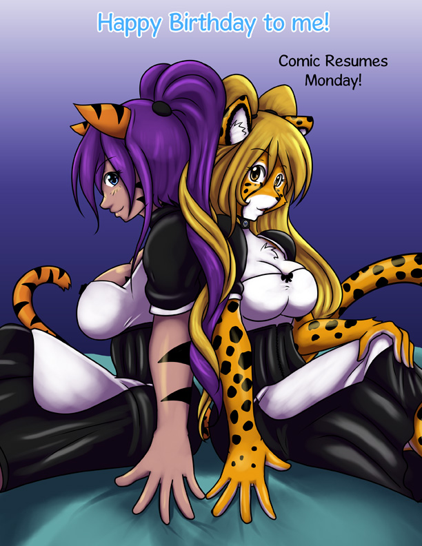 amber_eyes anthro back_to_back big_breasts black_spots black_stripes blonde_hair blue_eyes breast_size_difference breasts clothed clothing duo facial_markings female fur hair happy_birthday head_markings long_hair maid_uniform markings orange_body orange_fur purple_hair spots stripes text uniform white_body white_fur yellow_body yellow_fur sageofotherworlds yosh!_comics kate_summers mihari animal_humanoid cat_humanoid cheetah felid felid_humanoid feline feline_humanoid felis humanoid mammal mammal_humanoid english_text