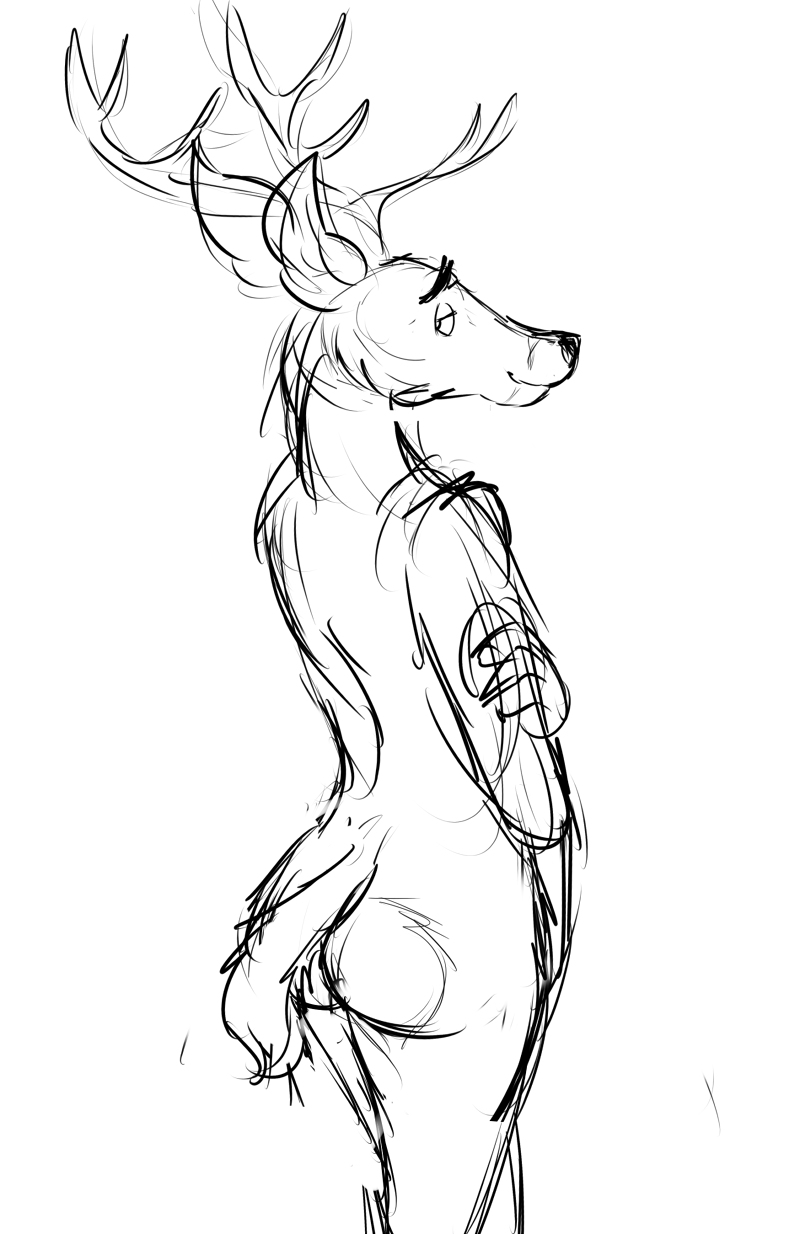 anthro antlers butt horn looking_back male nude smile solo tail_down grivaire deer mammal hi_res monochrome sketch