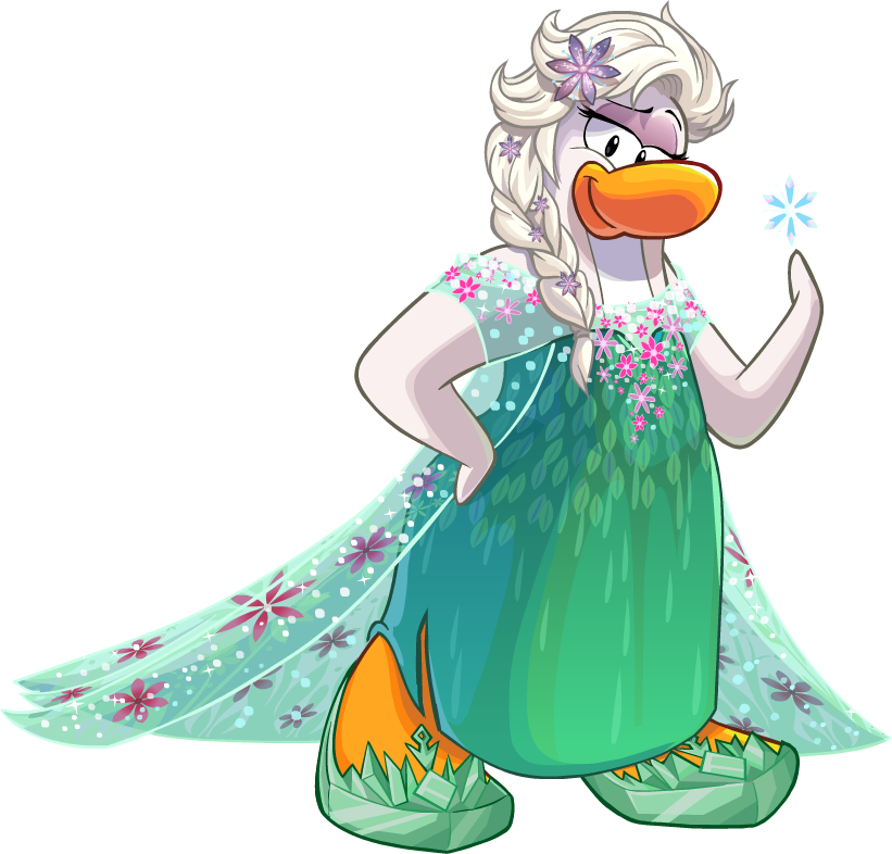 accessory braided_hair braided_ponytail cape clothing dress female floral_print footwear green_clothing green_dress green_footwear hair hair_accessory hand_on_hip long_hair looking_at_viewer ponytail print_cape print_clothing snowflake solo toony white_hair unknown_artist club_penguin disney frozen_(disney) elsa_(frozen) avian bird penguin alpha_channel crossover full-length_portrait official_art portrait