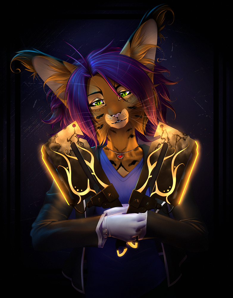 5_fingers anthro cleaver_(knife) cutlery eyebrows eyelashes female fingers fluffy_ears game_weapon glowing green_eyes hair kitchen_knife kitchen_utensils knife purple_hair smile solo tools whiskers lynjox digital_extremes tencent warframe lynxy_jones felid feline lynx mammal 2016 digital_media_(artwork)