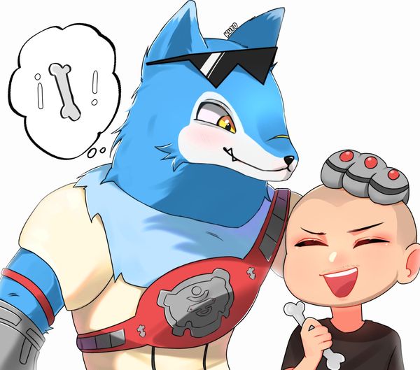 anthro bald bone chibi duo eyes_closed eyewear fangs glasses happy larger_male male male/male robotic_arm size_difference teeth thinking yellow_eyes kurosita bandai_namco digimon canid canine canis digimon_(species) domestic_dog human machgaogamon mammal