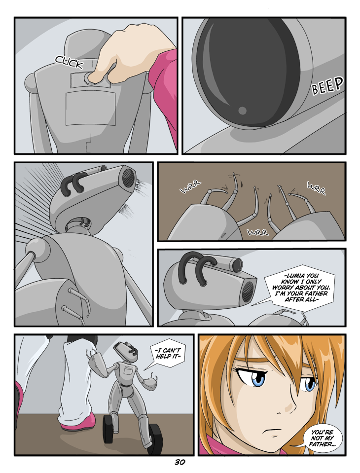 blue_eyes clothed clothing dialogue duo female machine not_furry technology text kurapika raven_wolf lumia_(raven_wolf) human mammal robot comic english_text