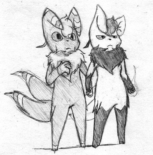 anthro duo female front_view male simple_background standing matsu nintendo pokemon fan_character kaylei generation_6_pokemon meowstic pokemon_(species) monochrome