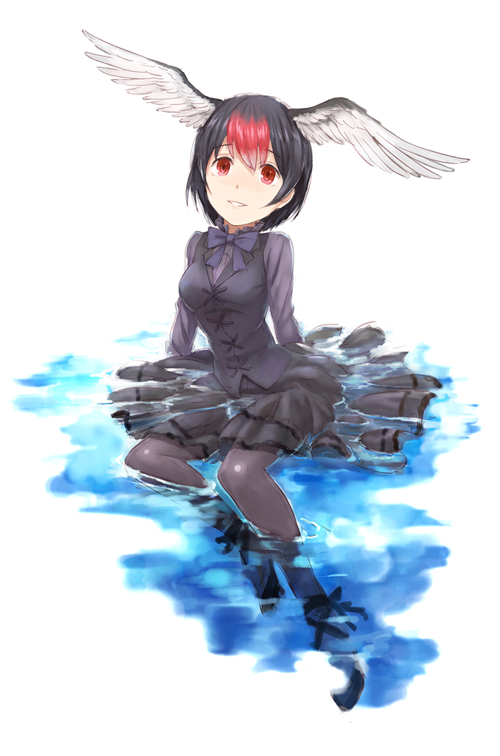 adolescent alternative_fashion black_hair bow_(feature) clothed clothing dress feathers female footwear hair j-fashion lolita_(fashion) red_eyes shoes smile solo water wet white_body white_feathers young shigumo_(shigeru) kemono_friends black_swan_(kemono_friends) anatid anatid_humanoid animal_humanoid anseriform anseriform_humanoid anserinae avian avian_humanoid bird bird_humanoid humanoid swan_humanoid 2015