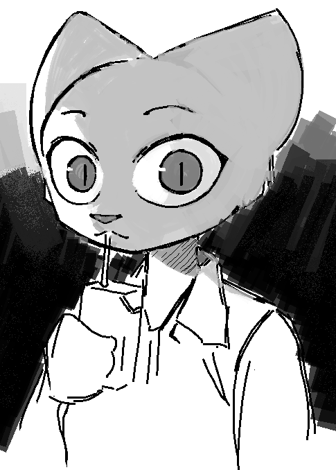 anthro clothing drinking female juice_(beverage) juice_box looking_at_viewer ominous shirt solo topwear lolrnomic microsoft prequel_adventure the_elder_scrolls katia_managan felid feline khajiit mammal bust_portrait monochrome portrait sketch unfinished