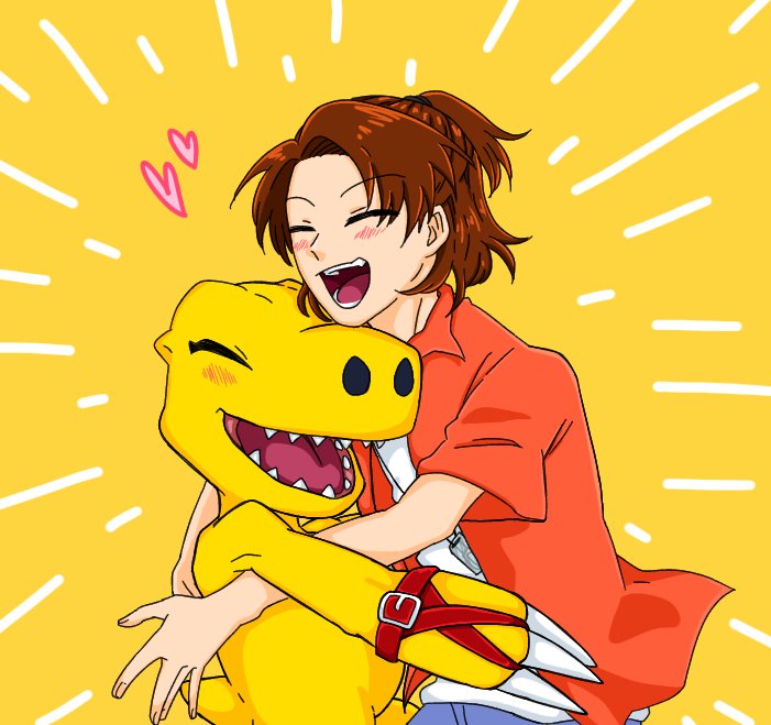 anthro blush brown_hair duo hair heart_symbol hug male ponytail yellow_body irohati_potetoo bandai_namco digimon digimon_data_squad marcus_daimon agumon digimon_(species) human mammal