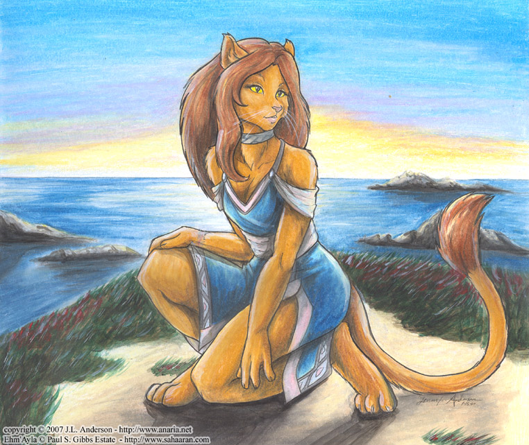 anthro biped brown_hair choker clothed clothing dress female hair jewelry kneeling long_hair necklace outside seaside solo tail yellow_eyes jennifer_l_anderson ehm_ayla felid lion mammal pantherine sah'aaran 2007 traditional_media_(artwork)