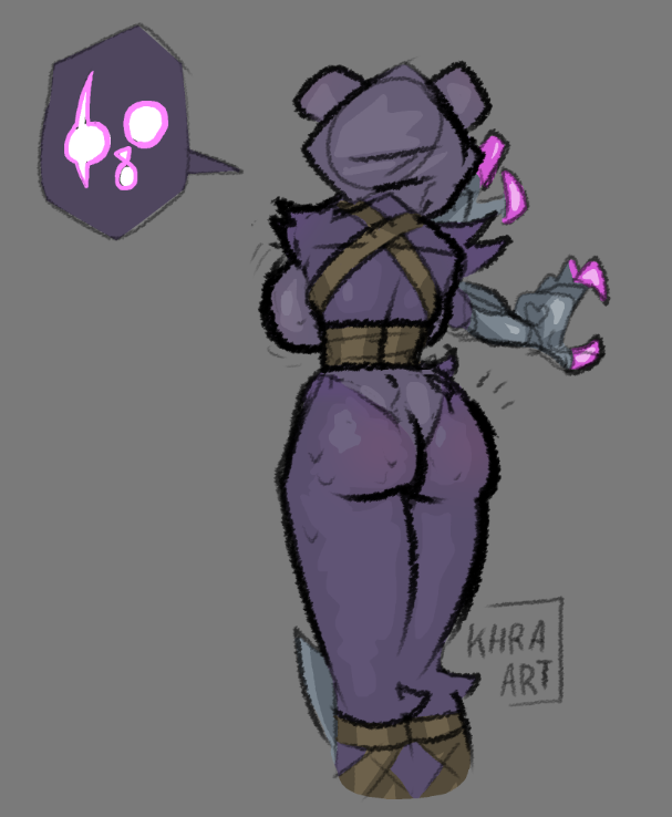 anthro armor butt clothing female gauntlets gloves hairy handwear head_tuft purple_body round_breasts scar solo stretching surprise surprised_expression tailless teasing teasing_viewer tuft unsuspecting_victim khraart epic_games fortnite fortnite:_battle_royale raven_team_leader bear mammal sketch