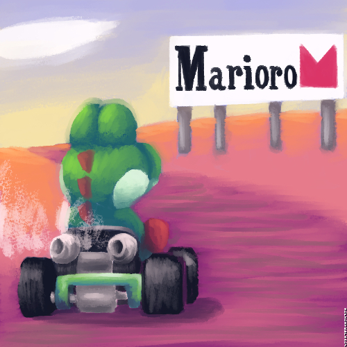 ambiguous_gender anthro billboard biped clothing desert driving_car exhaust exhaust_pipe footwear footwear_only green_body kart looking_away male mostly_nude parody red_clothing red_footwear red_shoes shoes shoes_only sky smoke solo vehicle wheel infinitebrians mario_bros mario_kart marlboro_(brand) nintendo yoshi_(character) 1:1 low_res
