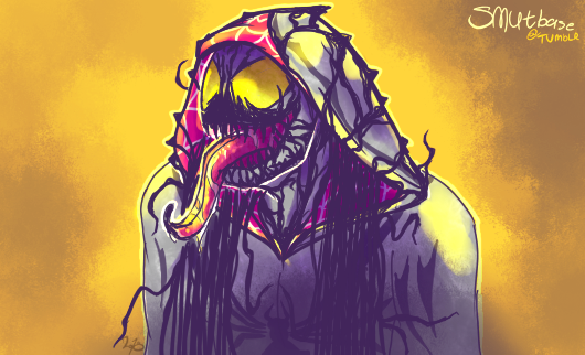 ambiguous_gender black_body fangs multicolored_body open_mouth open_smile simple_background smile solo teeth tongue tongue_out two_tone_body white_body yellow_eyes smutbase marvel alien humanoid symbiote