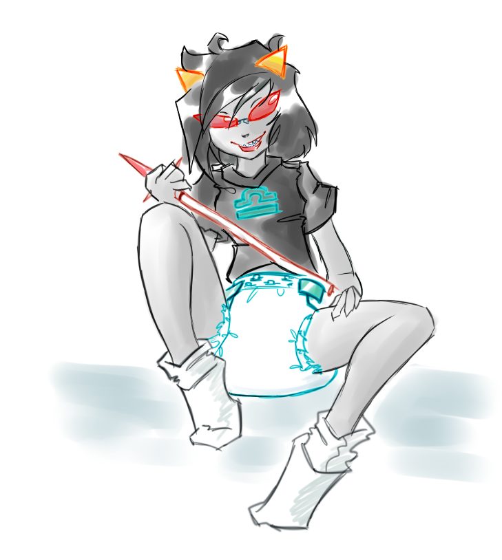 black_hair clean_diaper clothed clothing diaper eyewear female footwear glasses grey_body grey_skin hair holding_object horn not_furry shirt simple_background sitting socks solo topwear wearing_diaper white_background moorph homestuck ms_paint_adventures terezi_pyrope alien humanoid troll_(homestuck) 2010