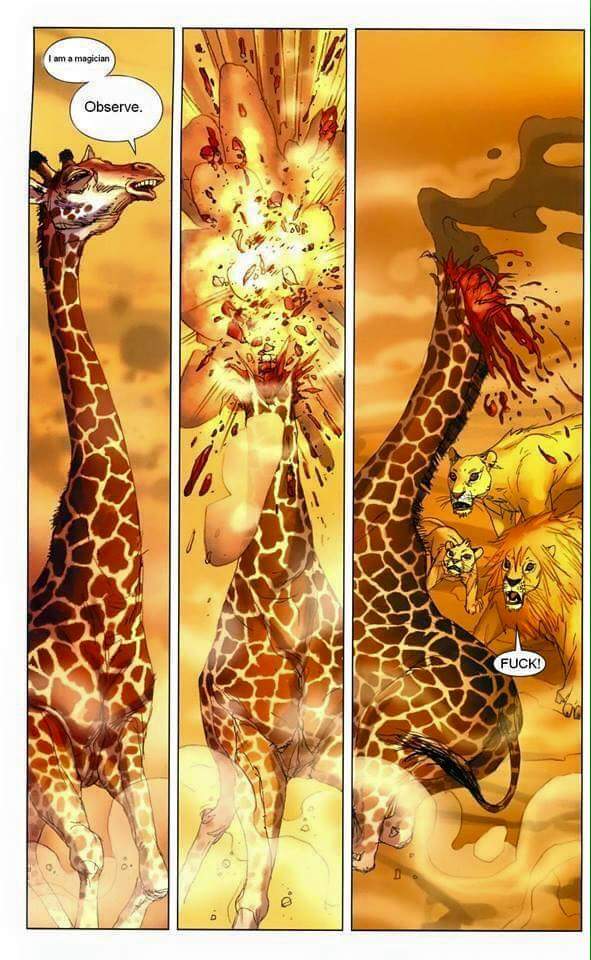 ambiguous_gender arabic blood bodily_fluids death dialogue dust explosion fangs female feral gore group horn male open_mouth paws simple_background smoke surprise teeth text tongue what niko_henrichon third-party_edit pride_of_baghdad felid giraffe giraffid lion mammal pantherine 2008 comic english_text