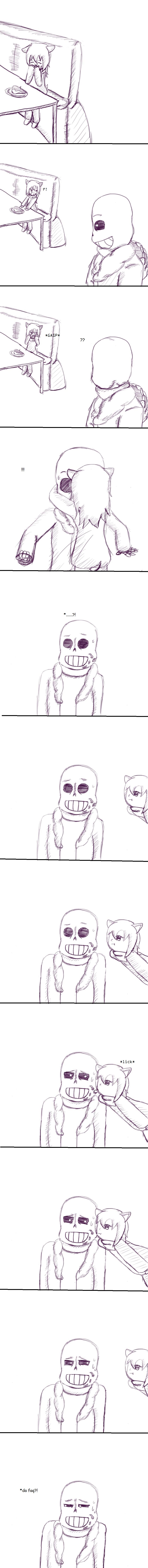 awkward bone cake confusion dessert food happy hug licking skeleton tongue tongue_out uncomfortable animextremex undertale undertale_(series) fan_character sans_(undertale) animated_skeleton eulipotyphlan hedgehog humanoid mammal undead absurd_res comic hi_res long_image tall_image