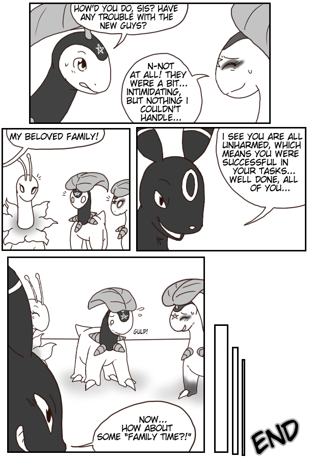 dialogue female feral male text nekostar nintendo pokemon ciel_(nicobay) fan_character malyabay nicobay skrien bayleef eeveelution generation_2_pokemon meganium pokemon_(species) umbreon 2011 black_and_white comic english_text greyscale monochrome