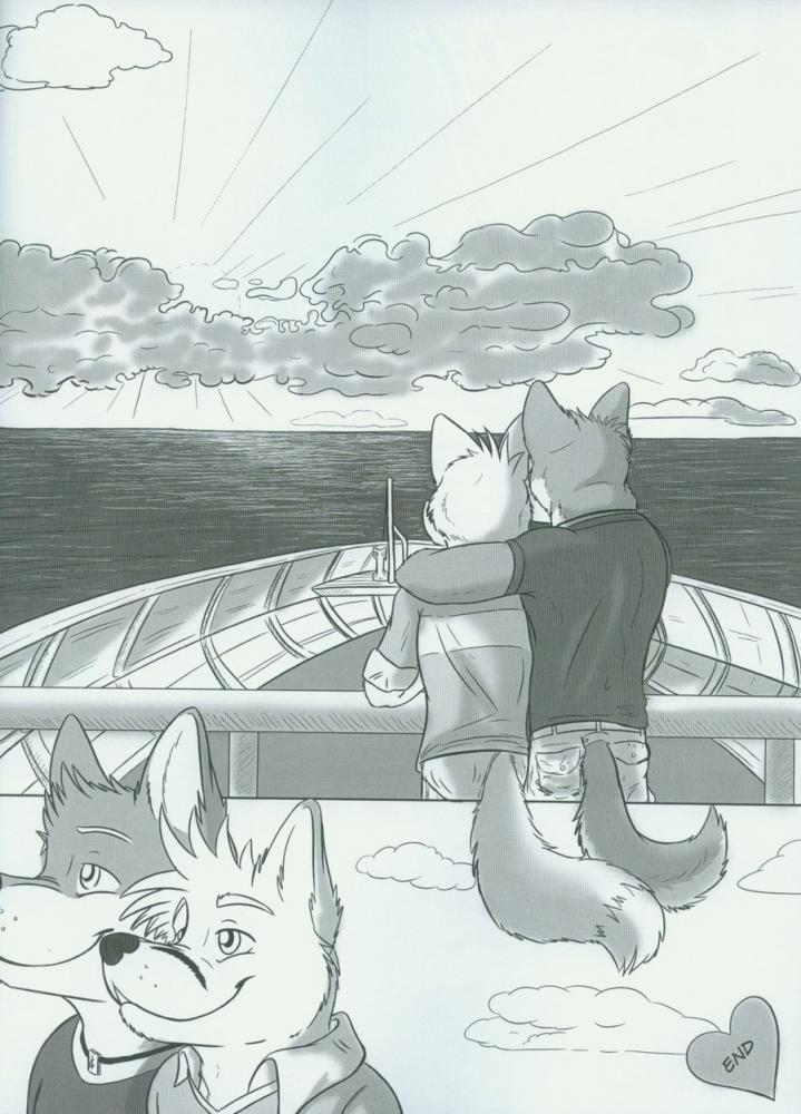 anthro clothed clothing cloud day dipstick_tail duo fully_clothed fur heart_symbol male markings multicolored_tail outside rear_view rolled_up_sleeves shirt side_view sky smile sunrise tail tail_markings topwear water fluke motion_of_the_ocean elliot_(fluke) ryan_(fluke) canid canine canis domestic_dog mammal comic greyscale monochrome