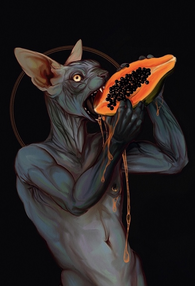 anthro black_background dark_body dark_skin eating food fruit hairless male nipple_piercing nipples nude papaya_(fruit) piercing plant simple_background solo yellow_eyes molvno domestic_cat felid feline felis hairless_cat mammal sphynx_(cat) digital_media_(artwork)