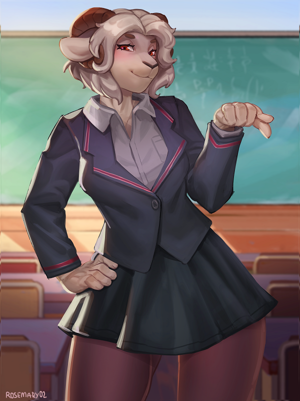 blush bottomwear brown_body brown_fur brown_legs clothing female fur hair horn jacket looking_at_viewer red_eyes school school_desk school_uniform skirt smile solo topwear uniform white_body white_fur white_hair rosemary02 furlough_games lisbet_(furlough_games) bovid caprine mammal sheep 3:4