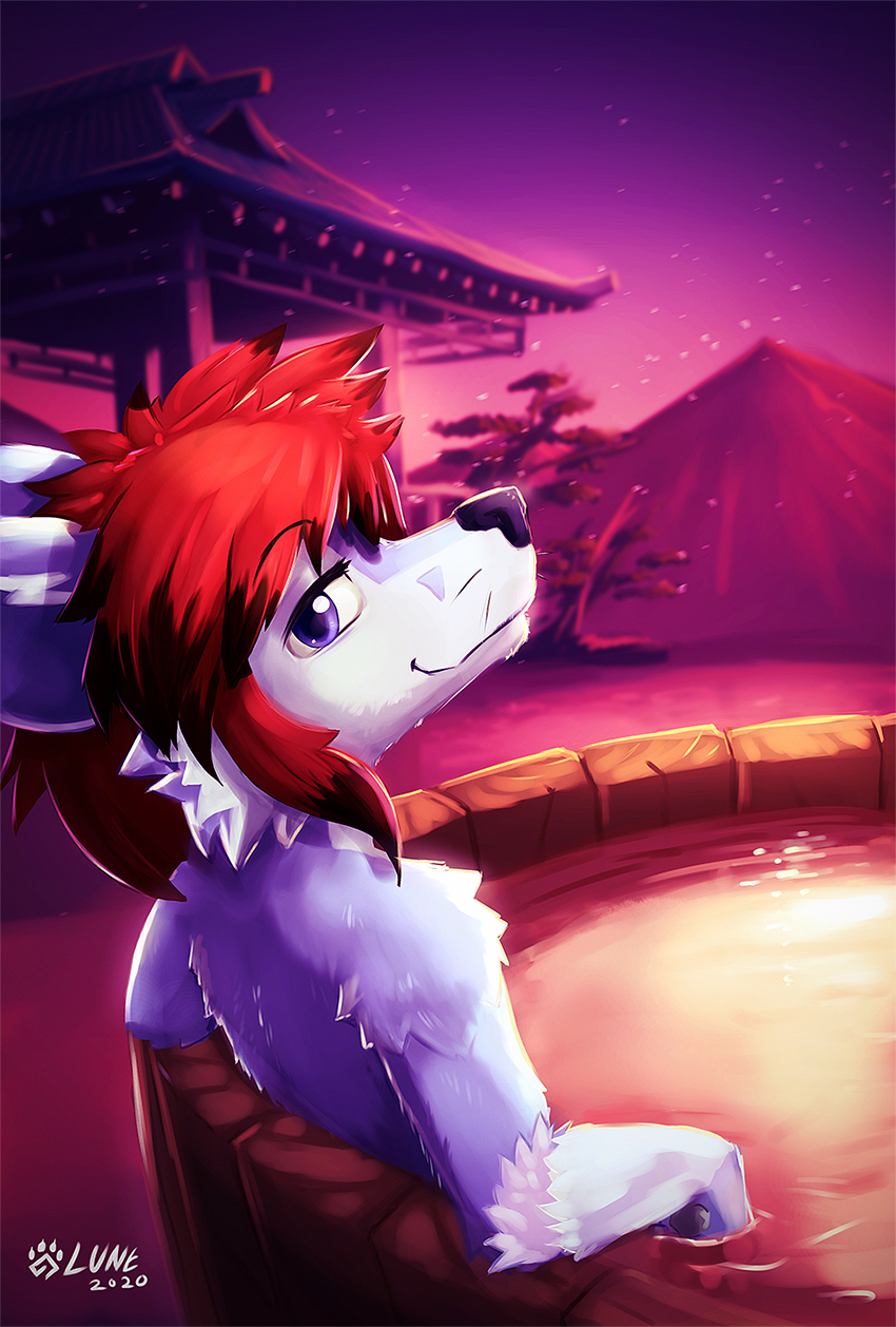 anthro asian_architecture biped blue_body blue_fur fur hair hot_tub japanese_architecture looking_at_viewer looking_back looking_back_at_viewer male mountain nude outside partially_submerged purple_eyes red_hair sky solo text water white_body white_fur lunesnowtail canid canine canis mammal wolf 2020 artist_name dated digital_media_(artwork) hi_res shaded