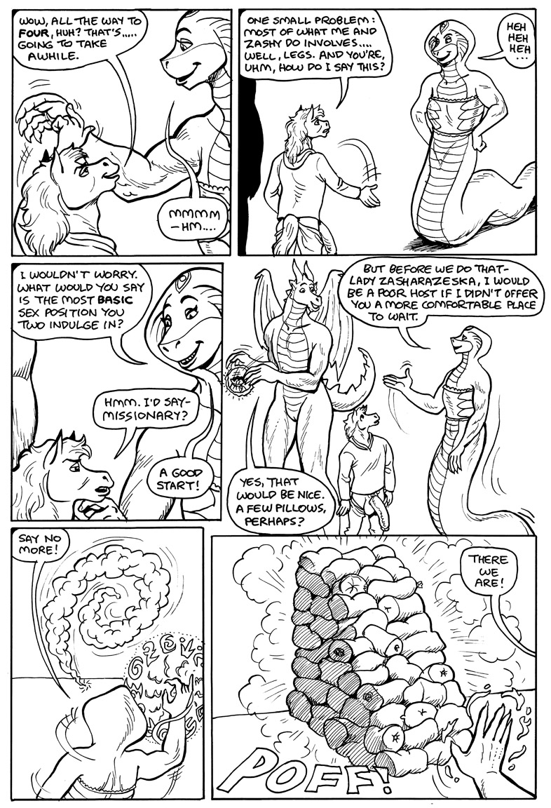 anthro apode dialogue female genitals group larger_female legless magic magic_user male male/female mostly_nude pillow pussy serpentine size_difference smaller_male text trio karno here_there_be_dragons mythology gustav_(here_there_be_dragons) oracle_ruzuya zashy draconcopode dragon equid equine horse mammal mythological_creature mythological_scalie naga reptile scalie snake 2023 black_and_white comic english_text monochrome