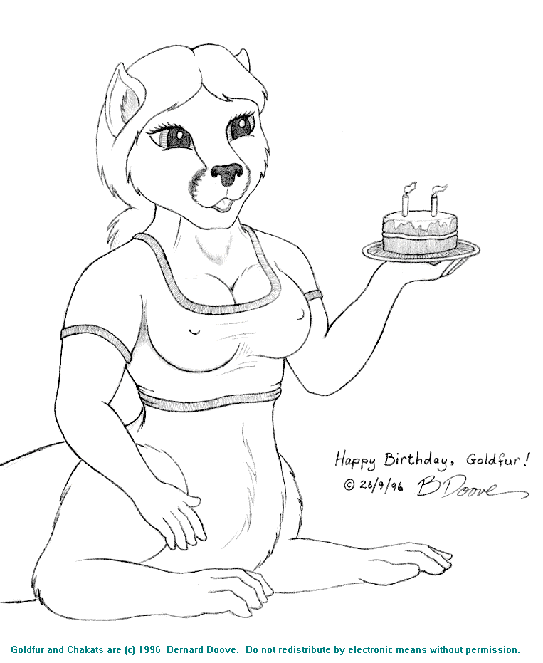 birthday_cake breasts cake cleavage clothed clothing dessert female food fur hair happy_birthday nipple_outline shirt solo text topwear bernard_doove goldfur chakat felid felid_taur mammal mammal_taur taur 1996 english_text greyscale monochrome herm_(lore)