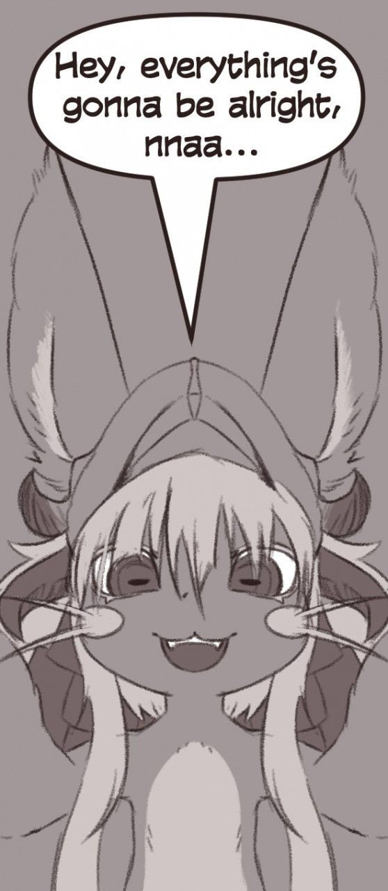 ambiguous_gender anthro first_person_view fluffy_ear hair headpiece horizontal_pupils long_ears long_hair open_mouth pupils smile solo speech_bubble text whiskers honky_kat made_in_abyss nanachi narehate english_text greyscale hi_res monochrome