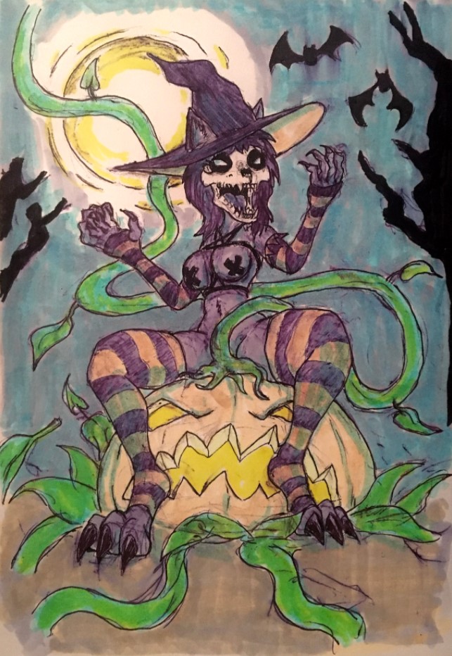 anthro bat_wings bone breasts claws clothing female food fruit gloves handwear hat headgear headwear holidays legwear magic_user membrane_(anatomy) membranous_wings moon pasties pattern_clothing plant pumpkin skull skull_head solo stockings striped_clothing stripes thigh_highs wings witch witch_costume witch_hat victordantes halloween scp_foundation marsh_(marshthemalo) scp-1471-a canid canine canis elemental_creature flora_fauna malo mammal wolf traditional_media_(artwork)