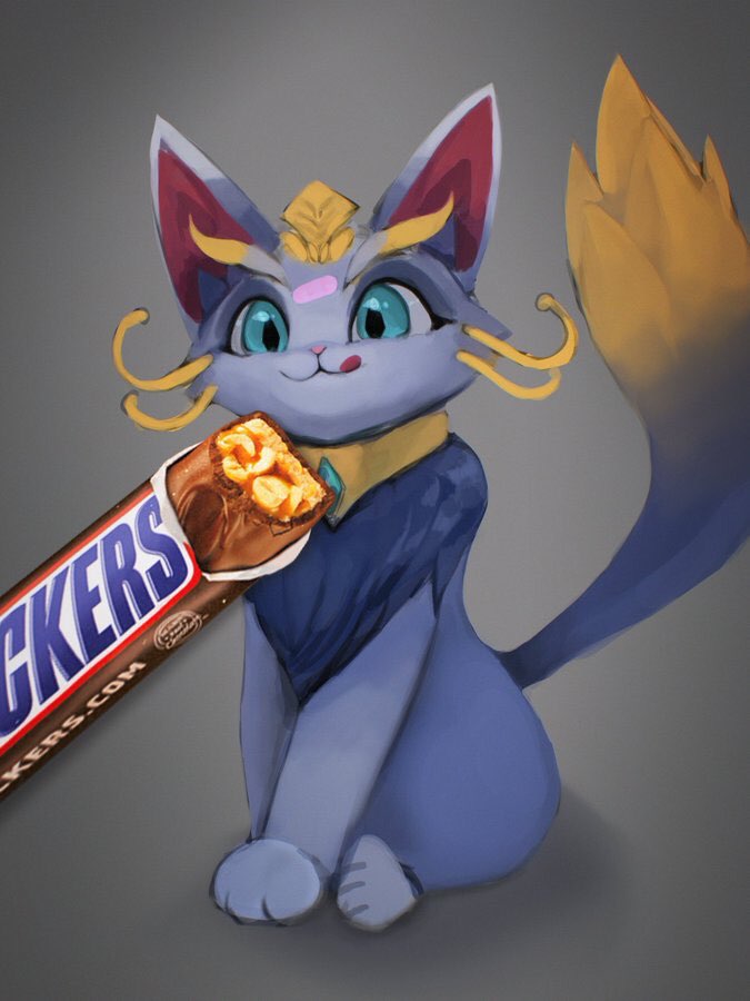 :3 bad_idea candy dessert female feral food imminent_death raised_tail simple_background tail unknown_artist league_of_legends mars_incorporated riot_games snickers tencent yuumi_(lol) domestic_cat felid feline felis mammal 3:4 source_request