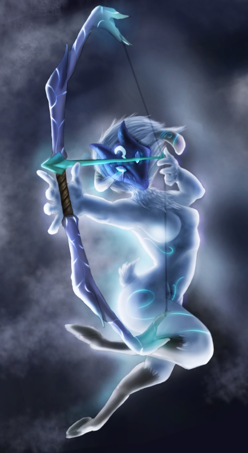 bow_(weapon) breasts cocked_bow dynamic female holding_bow_(weapon) holding_object holding_ranged_weapon holding_weapon jumping ranged_weapon solo weapon kaislair league_of_legends riot_games tencent kindred_(lol) lamb_(lol) bovid caprine mammal sheep featureless_(disambiguation)