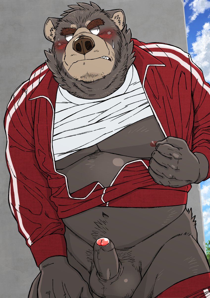 anthro balls belly big_balls black_body black_fur blush bodily_fluids erection fur genitals humanoid_genitalia humanoid_hands humanoid_penis kemono male moobs nipples outside overweight overweight_anthro overweight_male penis solo sweat ryuta-h third-party_edit bear mammal 2021 censor_removal_edit hi_res