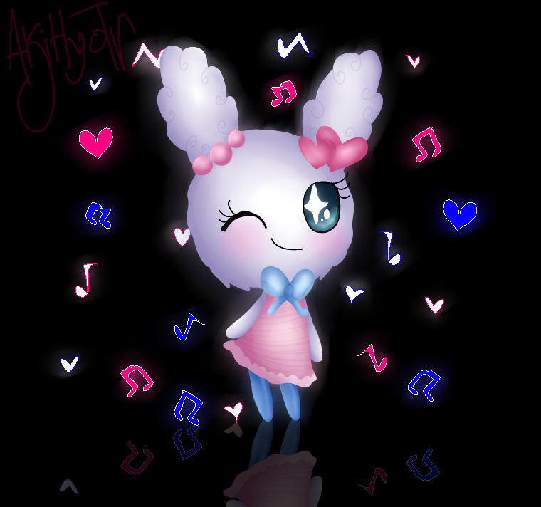 big_eyes black_background blush clothing dress female glowing green_eyes heart_symbol legwear looking_at_viewer musical_note musical_symbol one_eye_closed reflection ribbons simple_background solo stockings symbol toony wink buneary23_(artist) tamagotchi lovelitchi humanoid 2016