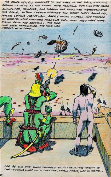 battleship flying gun hovercraft machine male nude outside ranged_weapon ship standing vehicle warship watercraft weapon edgar_rice_burroughs james_killian_spratt a_princess_of_mars alien green_martian human humanoid mammal thark comic traditional_media_(artwork)