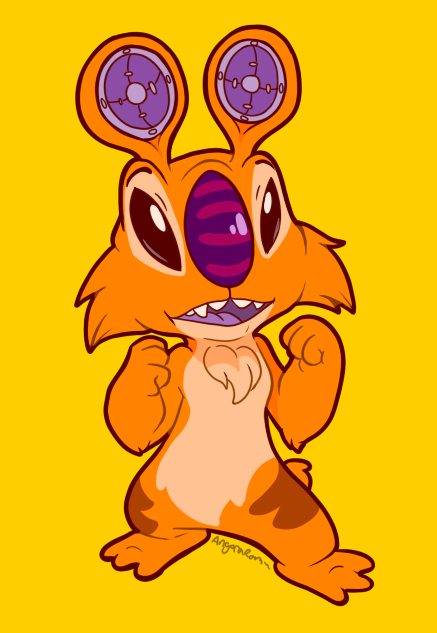 3_toes arm_tuft cheek_tuft chest_tuft elbow_tuft facial_tuft feet fur leg_markings looking_at_viewer markings open_mouth orange_body orange_fur outline purple_mouth purple_nose purple_tongue red_eyes simple_background small_tail solo speaker_ears standing tail toes tongue tuft yellow_background angoraram disney lilo_and_stitch sample_(lilo_and_stitch) alien experiment_(lilo_and_stitch) 2018 digital_drawing_(artwork) digital_media_(artwork) signature