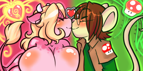 anthro big_breasts blonde_hair blush breasts cleavage clothed clothing duo eyes_closed eyewear female frutiger_metro fungus glasses hair heart_symbol horn huge_breasts kiss_on_lips kissing male male/female mushroom nerd super_mushroom tail cyn. milkie mario_bros milkjunkie nintendo milkie_souris ruby_(rubyluvcow) bovid bovine cattle mammal mouse murid murine rodent 2010 2:1 digital_media_(artwork) low_res shaded