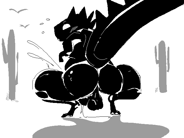 anthro aroused backsack balls big_butt big_penis big_tail blush bodily_fluids butt butt_focus cum cum_drip cum_string desaturated desert dripping ejaculation genital_fluids genitals glistening glistening_body glistening_skin huge_butt huge_penis looking_back male pawpads penis saggy_balls shadow small_arms solo spiked_tail spikes spikes_(anatomy) sweat sweatdrop tail thick_thighs mhc-perchub google google_chrome dinosaur_(google_chrome) avian bird dinosaur prehistoric_species reptile scalie theropod tyrannosaurid tyrannosauroid tyrannosaurus tyrannosaurus_rex 4:3 black_and_white monochrome