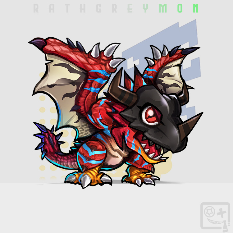 anthro armor chibi claws headgear helmet horn male red_body red_eyes red_scales scales solo striped_body stripes wings appleapie bandai_namco capcom digimon monster_hunter digimon_(species) flying_wyvern greymon hybrid rath_wyvern rathalos rathgreymon scalie 1:1 crossover