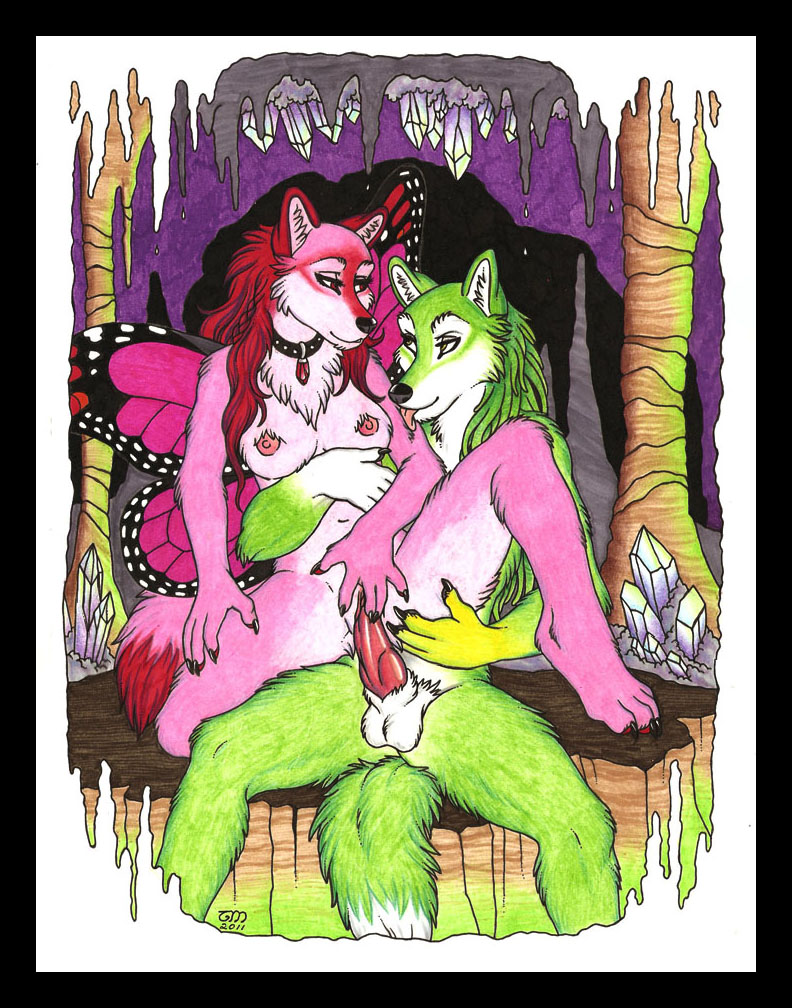 anthro anthro_on_anthro balls black_border border breasts cave claws clitoral clitoral_fingering clitoral_masturbation clitoris collar detailed_background duo erection feet female fingering from_behind_position front_view fur genitals green_body green_fur hindpaw insect_wings knot licking male male/female male_penetrating masturbation nipples nude paws penetration penis pink_body pink_fur pussy romantic romantic_ambiance romantic_couple sex spread_legs spreading tail tongue tongue_out vaginal vaginal_penetration wings luthien_nightwolf maraschino arthropod butterfly butterfly_furry canid canine canis hybrid insect lepidopteran mammal wolf 2011 traditional_media_(artwork)