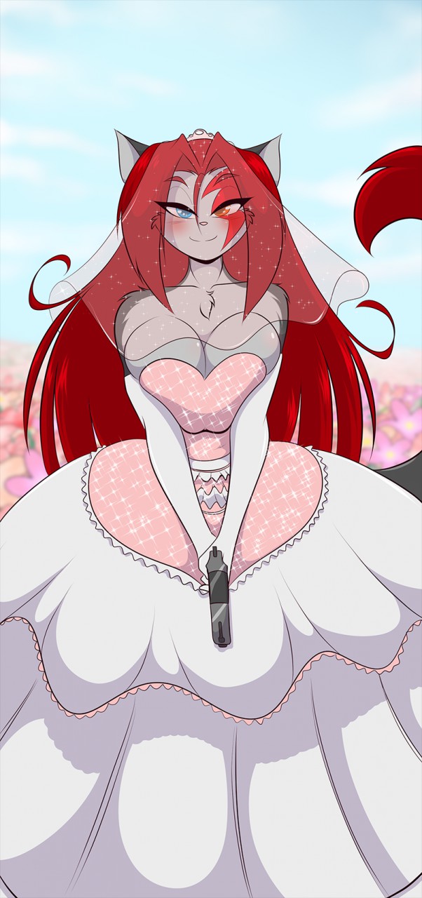 big_breasts blue_eyes blush breast_squish breasts chest_tuft clothing curvy_figure dress female fur grey_body grey_fur gun hair heterochromia huge_breasts long_hair orange_eyes ranged_weapon red_hair smile solo squish tuft weapon wedding_dress mastergodai eliza_(mastergodai) civet domestic_cat felid feline felis mammal viverrid hi_res