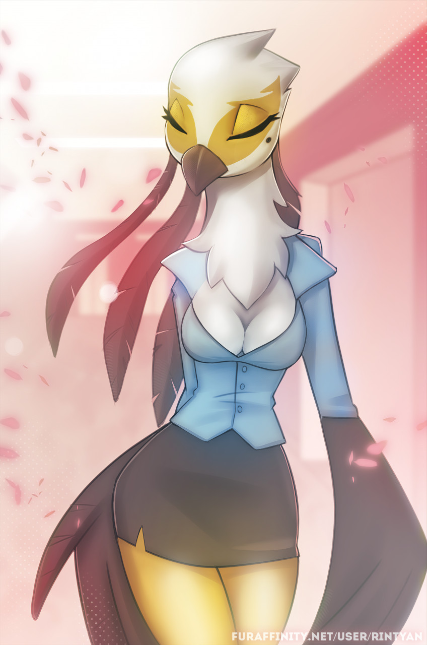 anthro beak bottomwear breasts business_suit cleavage clothed clothing eyes_closed feathered_wings feathers female inside long_neck markings mole_(marking) non-mammal_breasts pencil_skirt skirt solo standing suit white_body white_feathers wide_hips winged_arms wings rin_tyan aggretsuko sanrio secretary_washimi accipitriform avian bird secretary_bird digital_media_(artwork) hi_res shaded