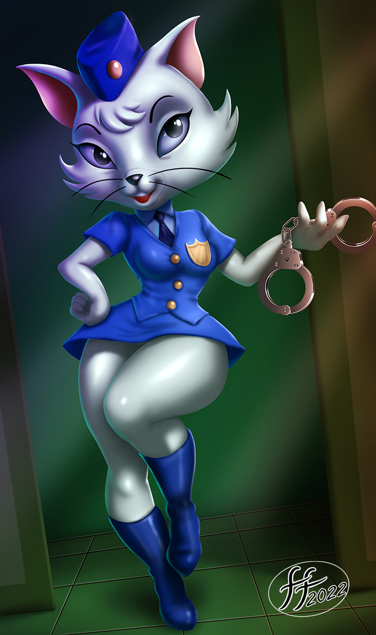 anthro clothing cuff_(restraint) female handcuffs looking_at_viewer metal_cuffs necktie police police_uniform restraints solo uniform whiskers fernando_faria metro-goldwyn-mayer tom_and_jerry katy_o'kitty domestic_cat felid feline felis mammal 2022 hi_res