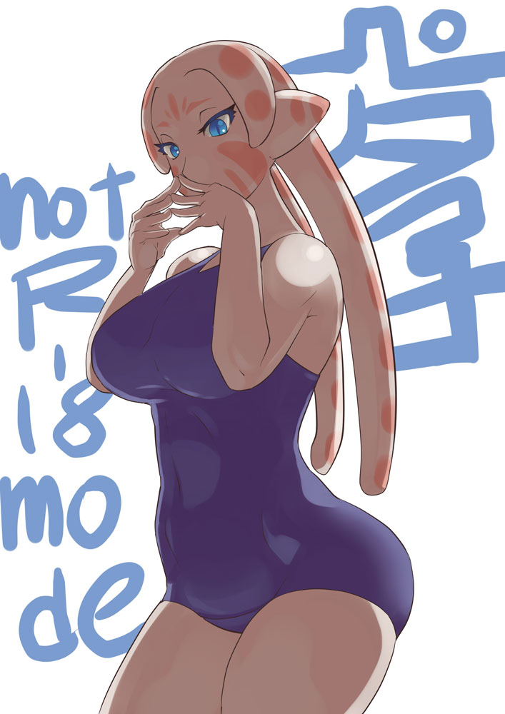 big_breasts blue_eyes breasts clothing female one-piece_swimsuit simple_background solo swimwear tendrils tentacles text white_background petaroh petako alien alien_humanoid humanoid zanburg japanese_text translated