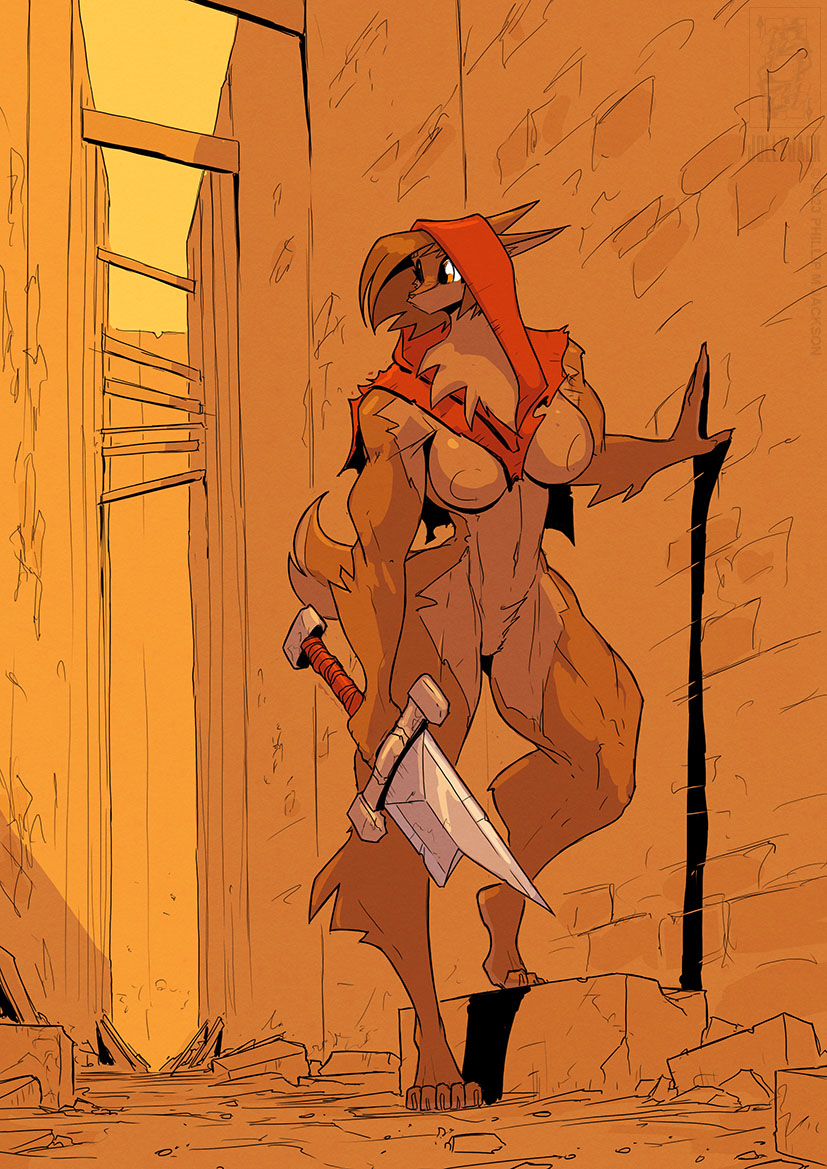 alley anthro areola breasts broken_sword female holding_object holding_weapon hood melee_weapon mostly_nude muscular muscular_female solo sword thick_thighs weapon conditional_dnp jollyjack mythology canid canine mammal mythological_canine mythological_creature were werecanid werecanine werewolf 2023