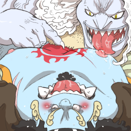 blush bodily_fluids cramped_view drooling duo jinbei_(clothing) male male/male moob_lick moobs obese overweight saliva sweat tattoo tongue tongue_out leigu_bear one_piece hody_jones jinbe fish fish-men_(one_piece) humanoid marine 1:1 2015 low_res