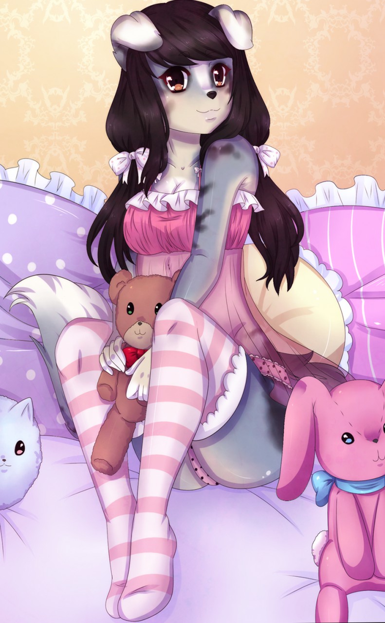 anthro bed biped clothed clothing female furniture looking_at_viewer pillow sitting smile solo priincessu canid canine mammal hi_res